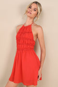 Kallina Red Orange Ruffled Halter Neck Mini Dress