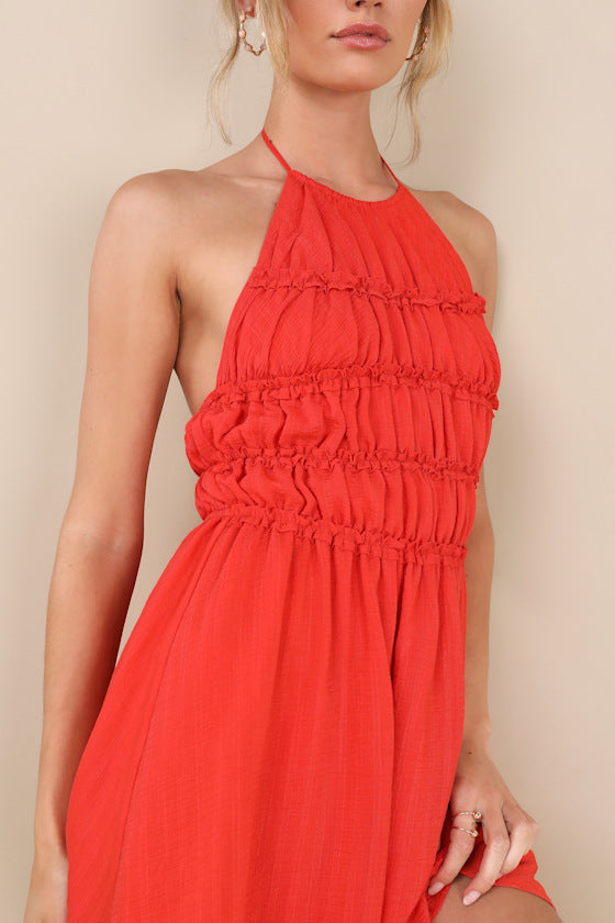 Kallina Red Orange Ruffled Halter Neck Mini Dress