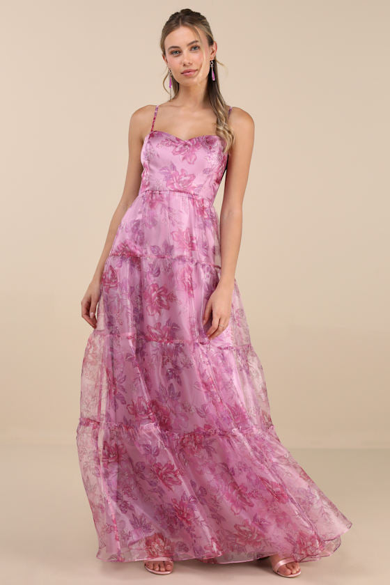 Exclusive Glamour Pink Floral Organza Tiered Maxi Dress