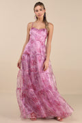 Exclusive Glamour Pink Floral Organza Tiered Maxi Dress