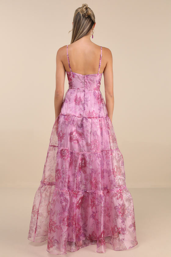 Exclusive Glamour Pink Floral Organza Tiered Maxi Dress