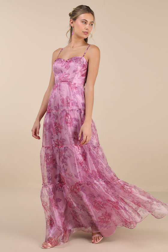 Exclusive Glamour Pink Floral Organza Tiered Maxi Dress
