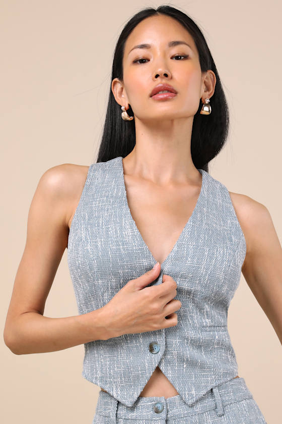 Alfonsa Light Blue Tweed Button-Front Vest Top
