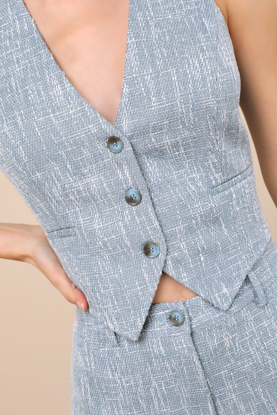 Alfonsa Light Blue Tweed Button-Front Vest Top