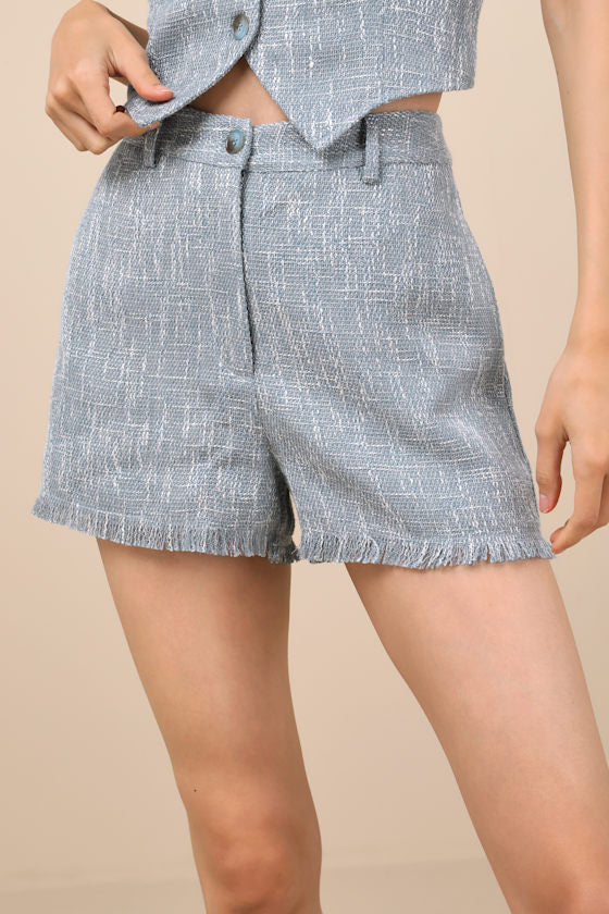 Alfonsa Light Blue Tweed Frayed High-Rise Shorts