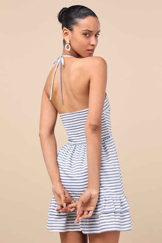 Corilie Blue and White Striped Halter Mini Dress