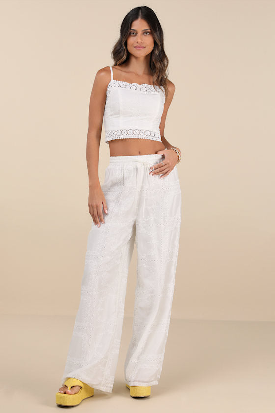 Anthoula White Eyelet Embroidered Crochet Lace Crop Top