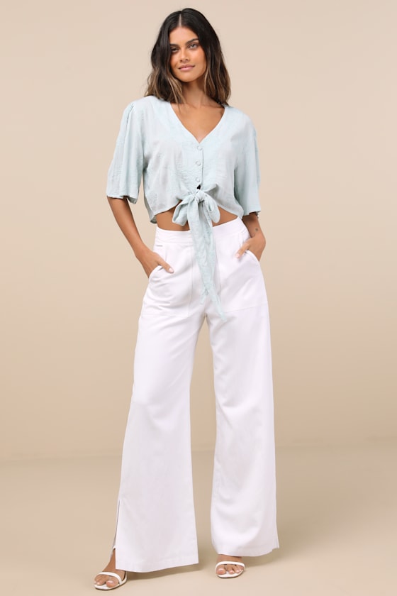 Delightful Darling Mint Floral Embroidered Tie-Front Crop Top