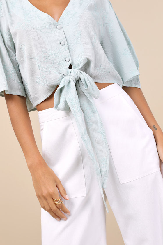 Delightful Darling Mint Floral Embroidered Tie-Front Crop Top