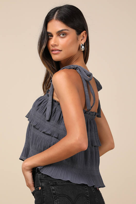 Tiers to Summer Dark Slate Blue Tie-Strap Tiered Tank Top