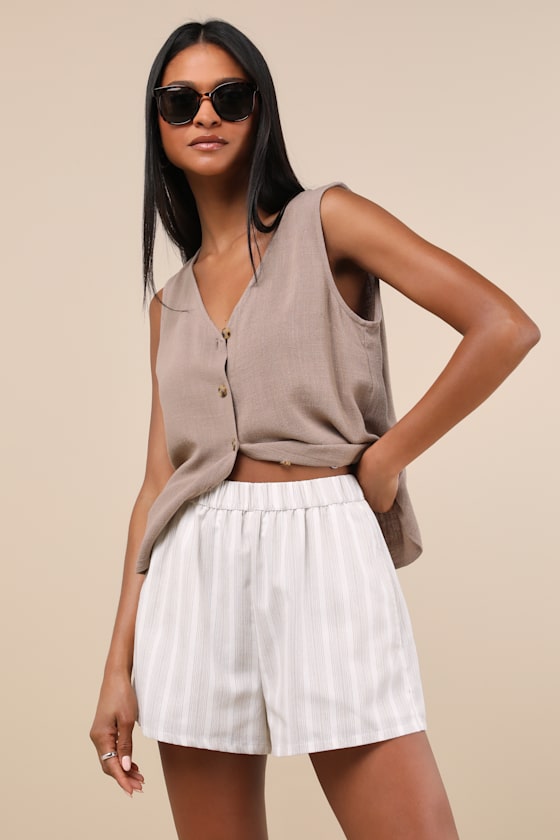 Classic Ivory and Beige Striped Linen Beach Shorts
