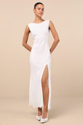 Yaneli White Boat Neck Cowl Back Maxi Dress