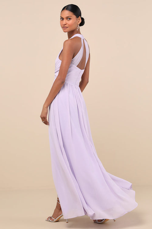 Marilina Lavender Pleated Twist-Front Maxi Dress