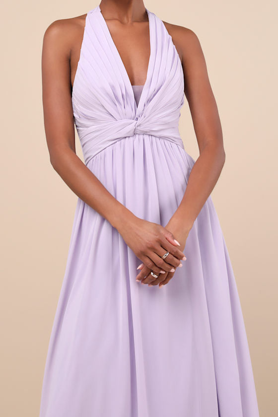 Marilina Lavender Pleated Twist-Front Maxi Dress