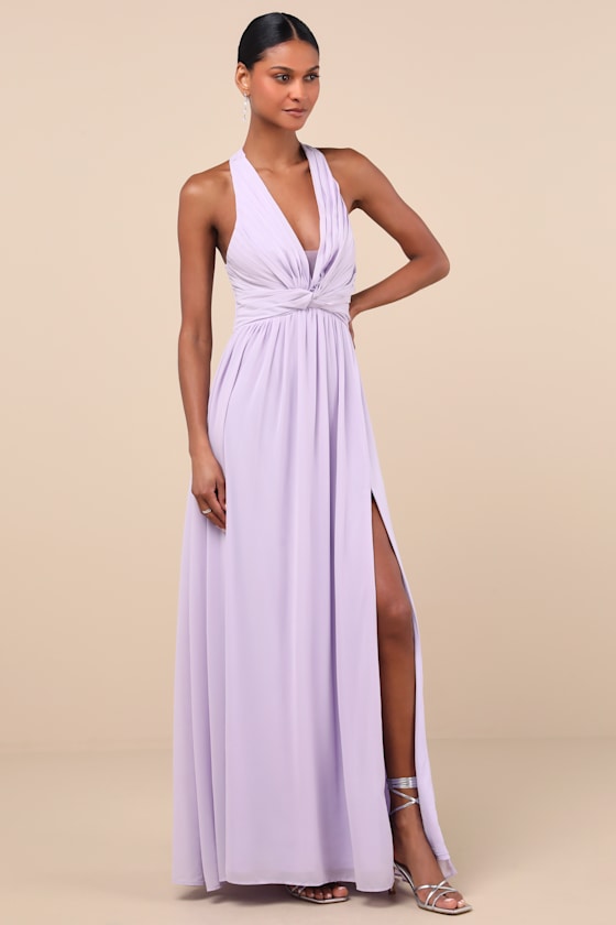 Marilina Lavender Pleated Twist-Front Maxi Dress