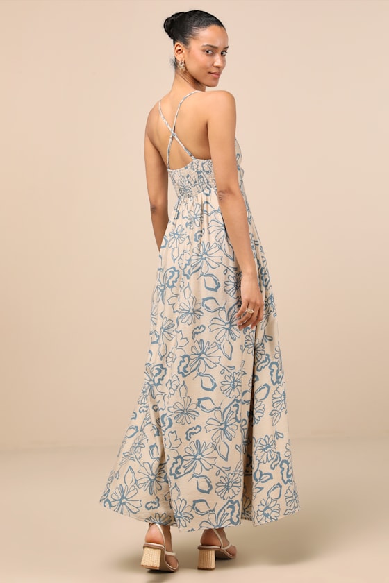 Angelika Beige Floral Sleeveless Midi Dress