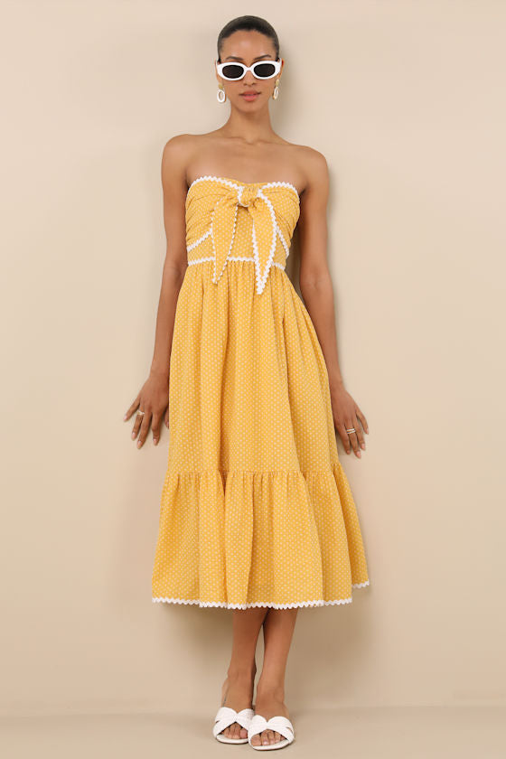 Delightful Design Yellow Polka Dot Midi Dress With Pockets
