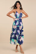 Hours of Flowers Blue Multi Floral Lace-Up Tiered Midi Dress
