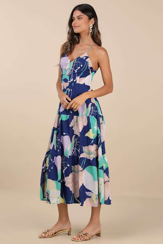 Hours of Flowers Blue Multi Floral Lace-Up Tiered Midi Dress