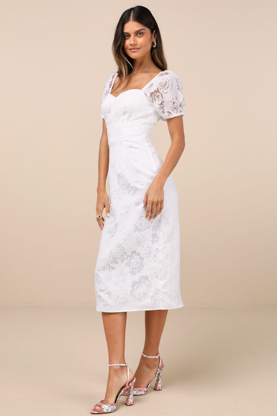 Odetta White Burnout Puff Sleeve Lace-Up Midi Dress