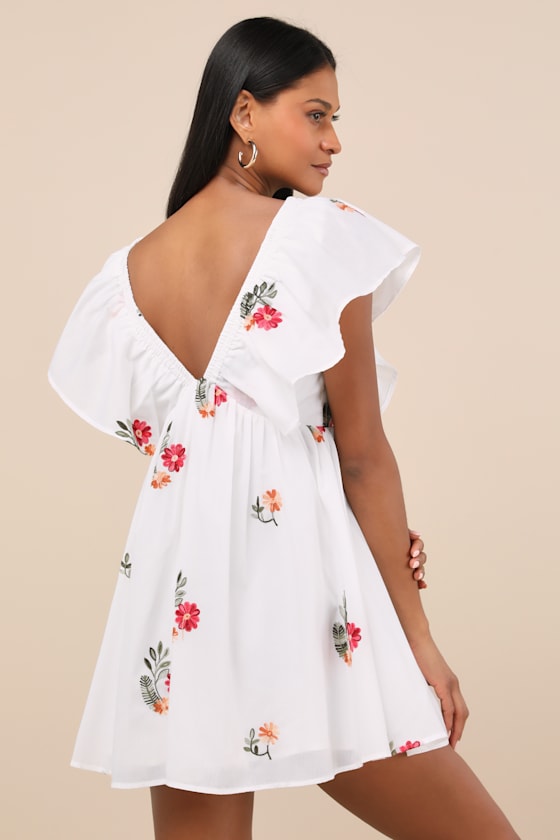 Kory White Embroidered Flutter Sleeve Mini Dress