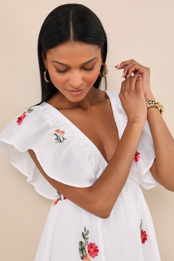 Kory White Embroidered Flutter Sleeve Mini Dress