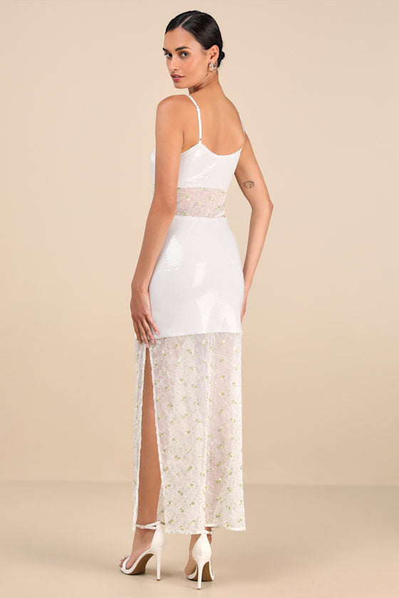 Malone White Sheer Sequin Embroidered Maxi Dress