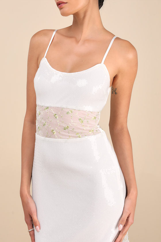 Malone White Sheer Sequin Embroidered Maxi Dress