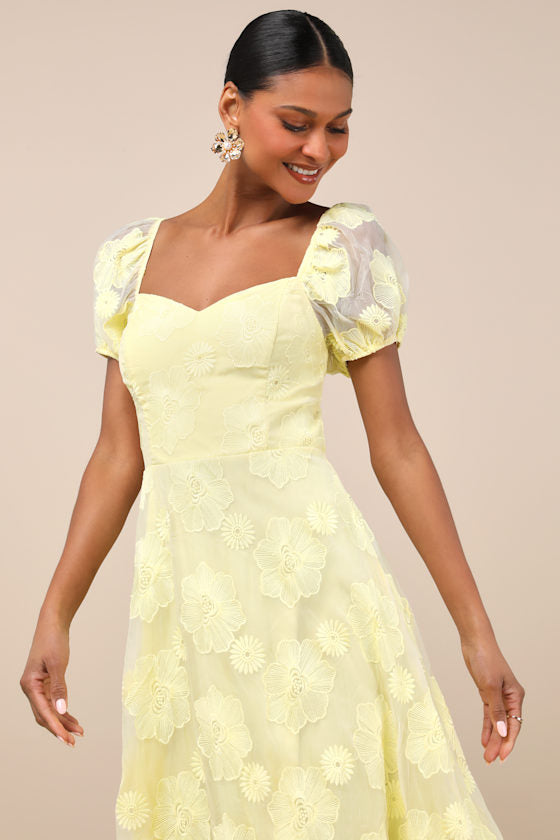 Sweetest Behavior Yellow Embroidered Puff Sleeve Midi Dress