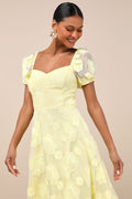 Sweetest Behavior Yellow Embroidered Puff Sleeve Midi Dress