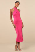 Beyond Classy Hot Pink Satin Halter Midi Dress