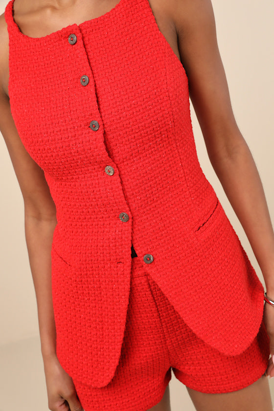 Mariette Red Knit Button-Front Vest Top