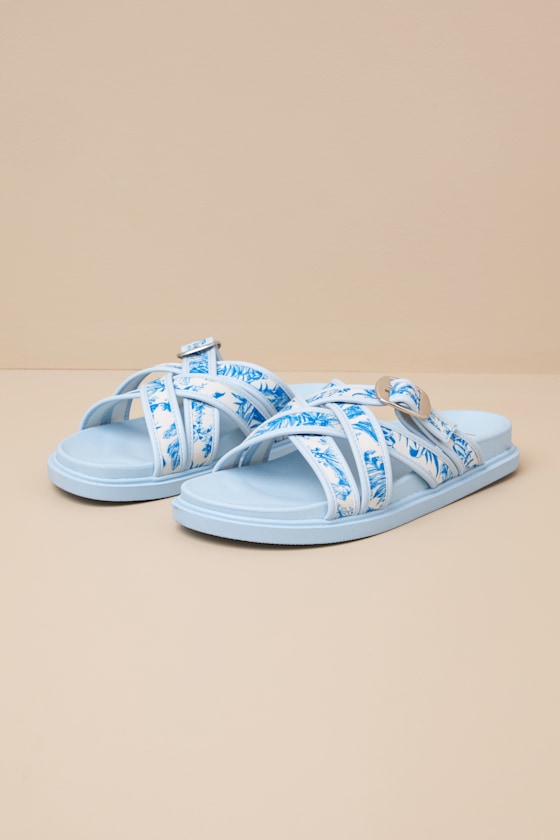 Killian Blue Tropical Print Slide Sandals