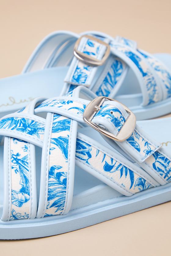 Killian Blue Tropical Print Slide Sandals