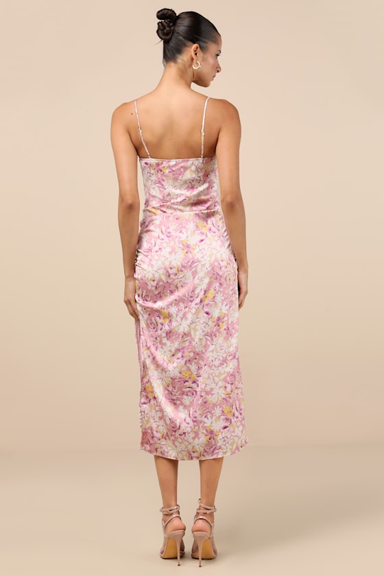 Truest Romance Pink Floral Print Sleeveless Ruched Midi Dress