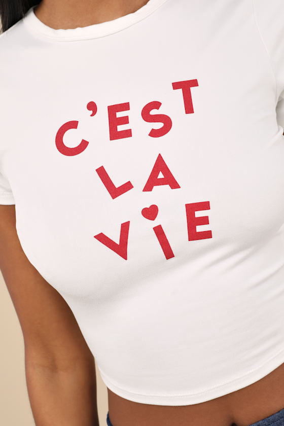C'est La Vie White Short Sleeve Cropped Graphic Tee