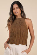 Calee Brown Pierced Knit Sleeveless Sweater Top