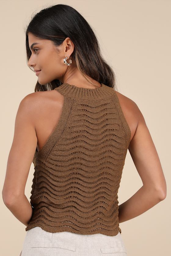 Calee Brown Pierced Knit Sleeveless Sweater Top