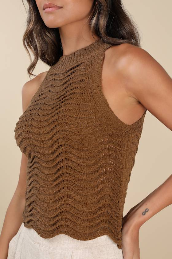 Calee Brown Pierced Knit Sleeveless Sweater Top