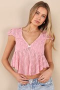 Eliara Pink Lace Cap Sleeve Babydoll Top
