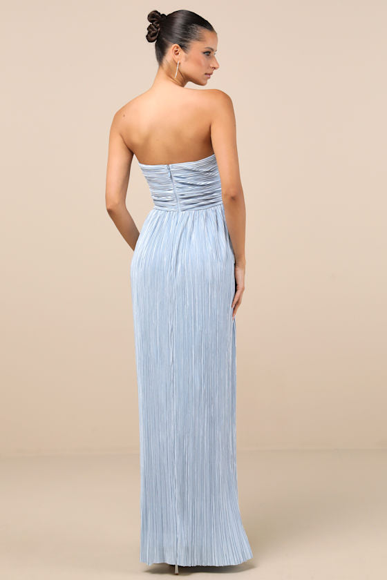 Oswin Light Blue Satin Plisse Strapless Maxi Dress
