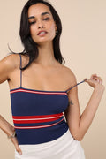 Lenore Navy Blue Striped Ribbed Crop Top