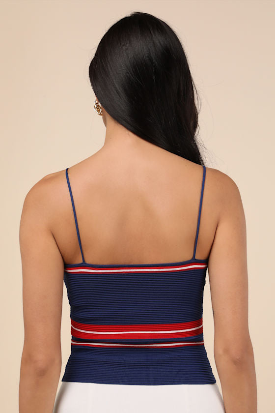 Lenore Navy Blue Striped Ribbed Crop Top