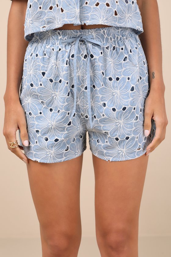 Aminta Blue Eyelet Embroidered Drawstring Shorts