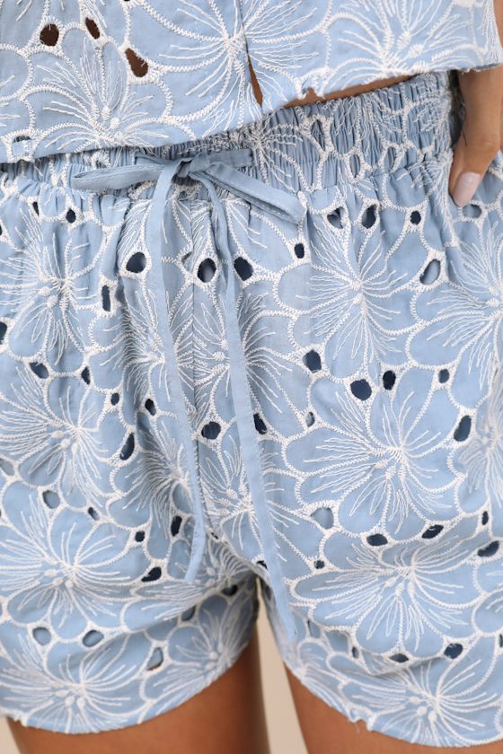 Aminta Blue Eyelet Embroidered Drawstring Shorts