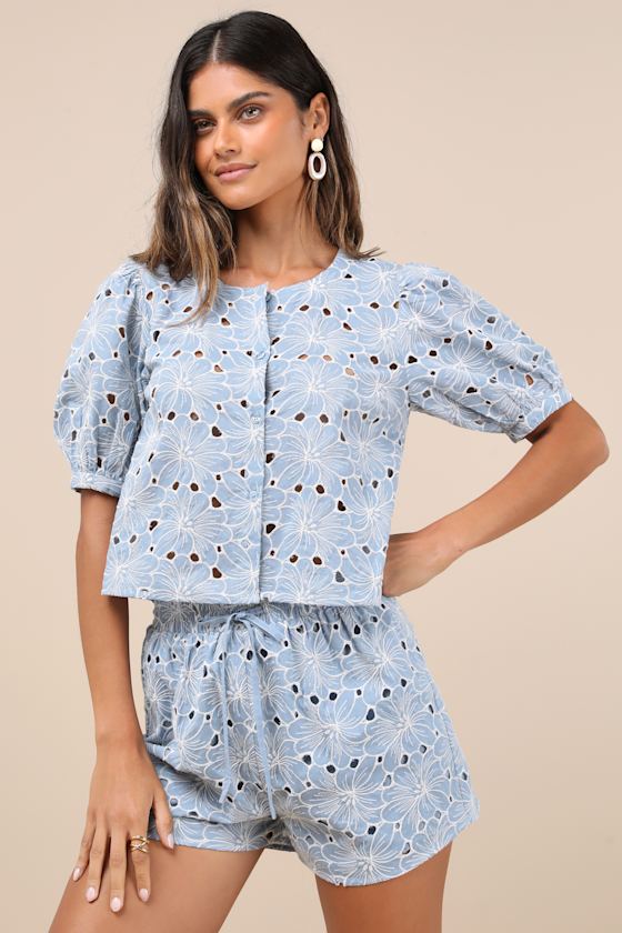 Aminta Blue Eyelet Embroidered Puff Sleeve Top