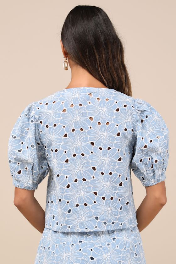 Aminta Blue Eyelet Embroidered Puff Sleeve Top
