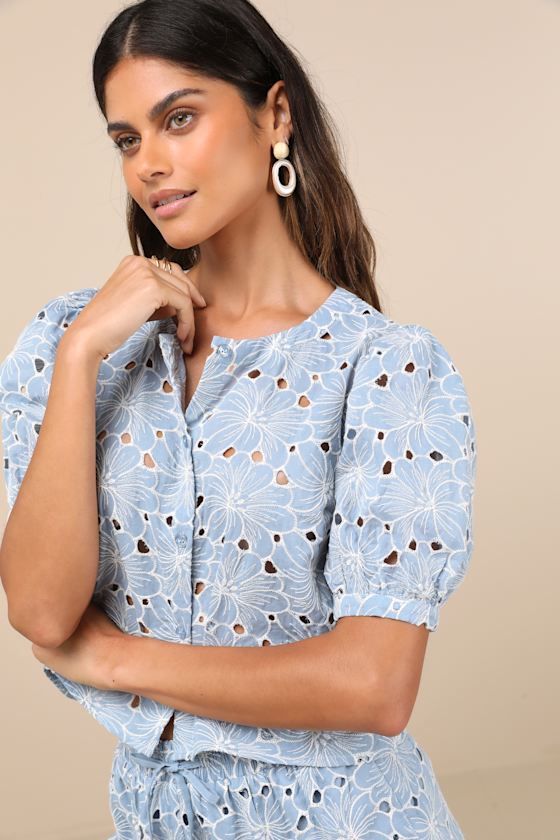Aminta Blue Eyelet Embroidered Puff Sleeve Top
