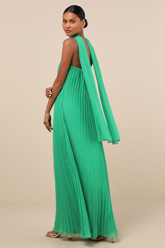 Lael Green Pleated Strapless Dress and Scarf Set