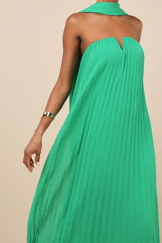 Lael Green Pleated Strapless Dress and Scarf Set